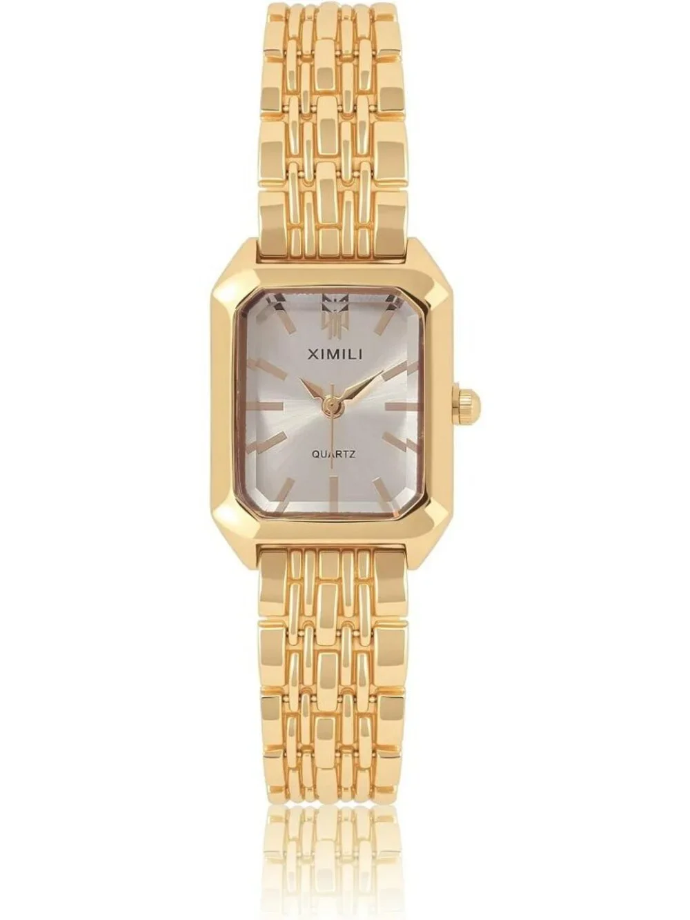 Women's Gold Quartz Rectangular Case Metal Bracelet Band Analogue Wrist Watch